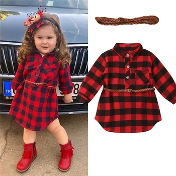 

0-5 Years Autumn Winter Kids Baby Girls Dress Red Plaid Loose Casual Princess Party Long Sleeve Dresses with Sashes