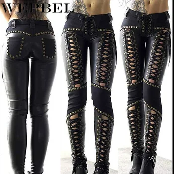 

WEPBEL Women's Pants Cross Straps Sexy Solid Color Low Waist Double-Row Strap Rivets Slim Skinny Leggings