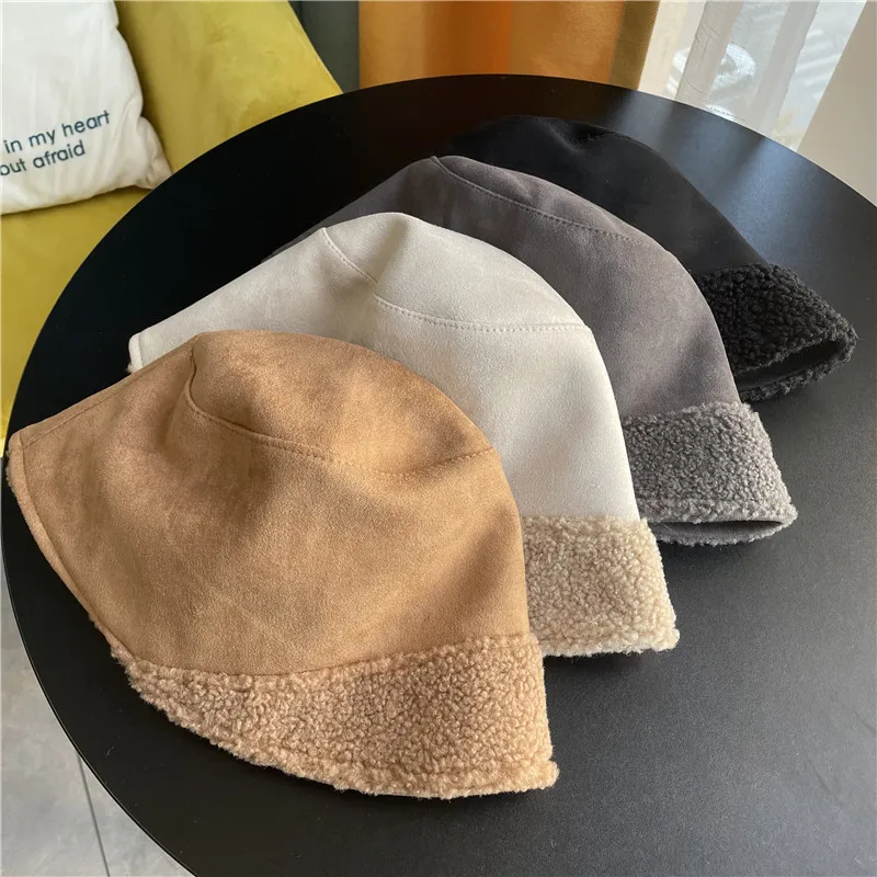 Chapeau Seau En Peluche - Hiver Femme, Couleurs Bleu/blanc/camel, Pliable, Chaud