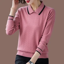 Однотонный свитер с лацканами для женщин, Свободный Повседневный вязаный пуловер для женщин, для офиса, для девушек, розовый, белый, для поездок на велосипеде, топы, осень, зима, новинка