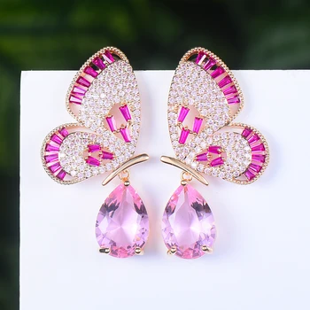 

missvikki 38mm Luxury Popular Pink Butterfly Drop Earrings Full Mirco Paved Cubic Zircon Naija Wedding Earring Fashion Jewelry