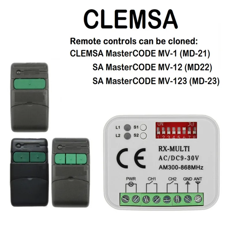 

Remote garage CLEMSA MUTAN CODE MASTERCODE MV1 MV12 MV123 door remote clone CLEMSA 433.92MHz command