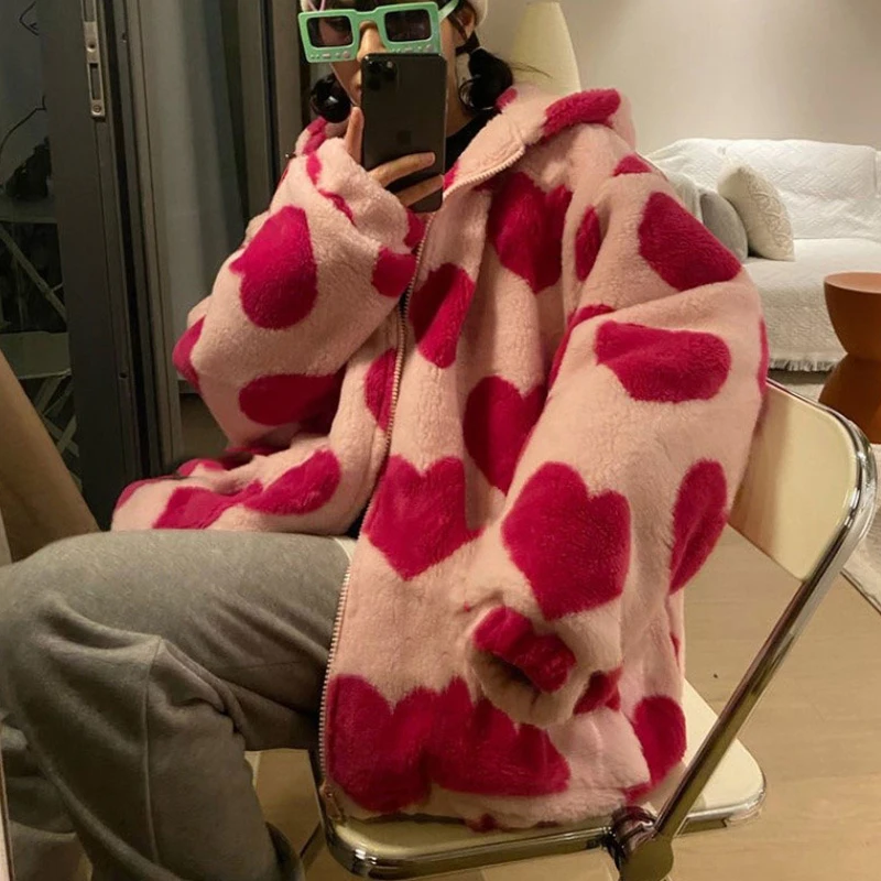 90s Harajuku Kawaii Heart-shaped Print Plush Jacket Women Winter Korean Long Sleeve Hooded Coat Thick Warm Couple Streetwear2022 | Женская