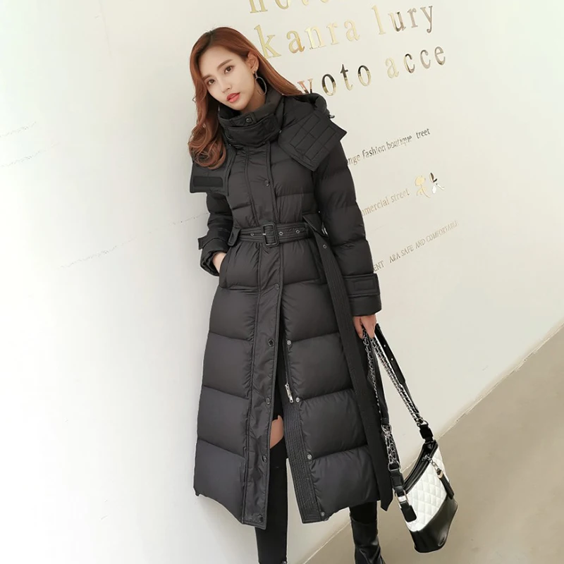 TWOTWINSTYLE, корейские женские парки, водолазка, капюшон, длинный рукав, высокая талия, с поясом, Женское пальто,, Зимняя мода, новинка