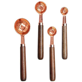 

Measuring Spoons - 4 Pc Measuring Spoons Coffee Scoop with Wood Handle Rose Gold Stainless Steel - Disposable Kids Nesting Mini