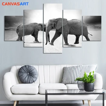 

Canvas Art 5 Piece HD Pictures Black and White Art Two Elephants Canvas Painting Wall Pictures for Living Room Wall Decoration