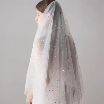 

100x120cm One Layer Tulle Ivory Mid Length Wedding Veil Cover Face Gold Star Moon Sequins Bridal Photography Hair Accessories