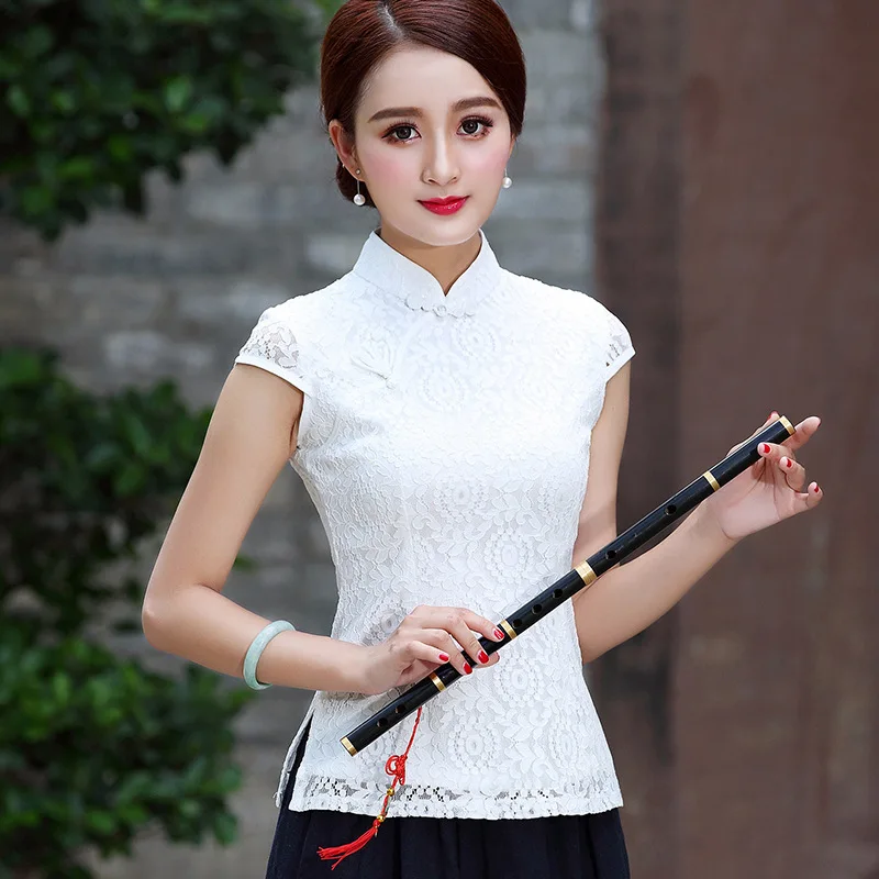 SHENG COCO Женская белая кружевная блузка Qipao Топы в китайском стиле винтажная одежда