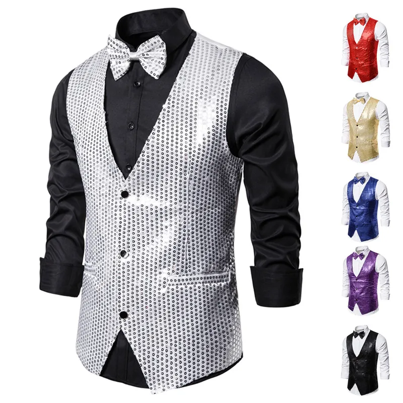 

Oeak Fashion Mens Shiny Sequin Glitter Suit Vest With Bow Tie Wedding Party Slim Fit Waistcoat DJ Club Stage Costume 2XL 2019