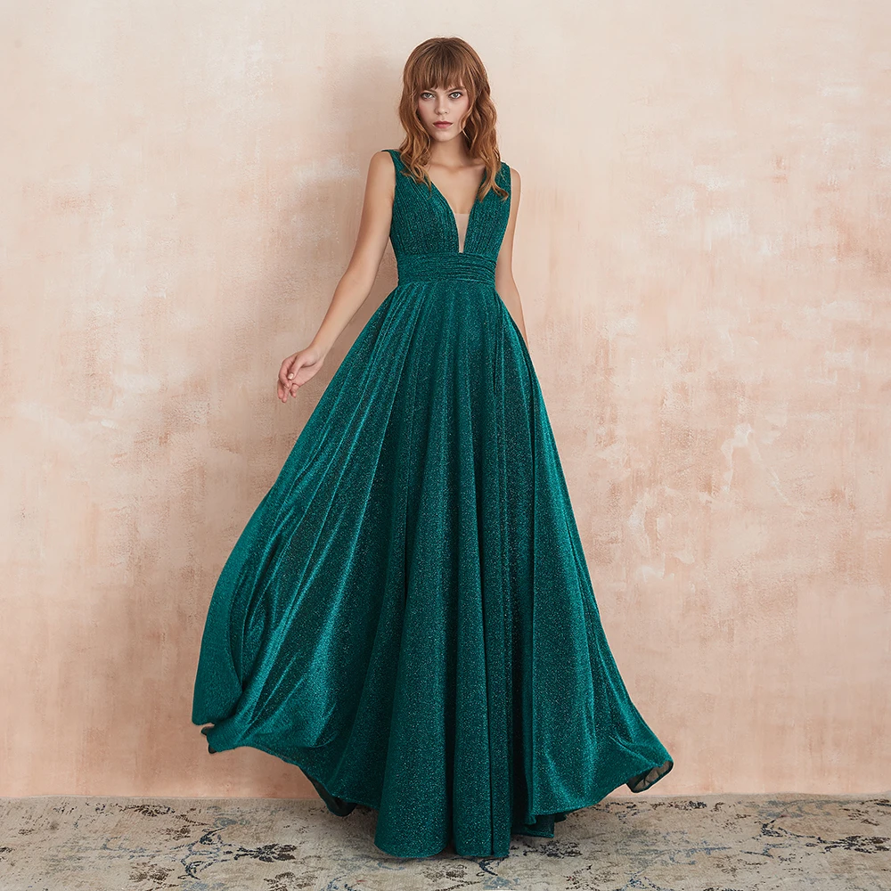 

VKBRIDAL Sparkle Elegant Evening Dresses 2019 Green Formal Gown Long Sexy Deep V Shiny Prom Dresses Floor Length Robe De Soiree