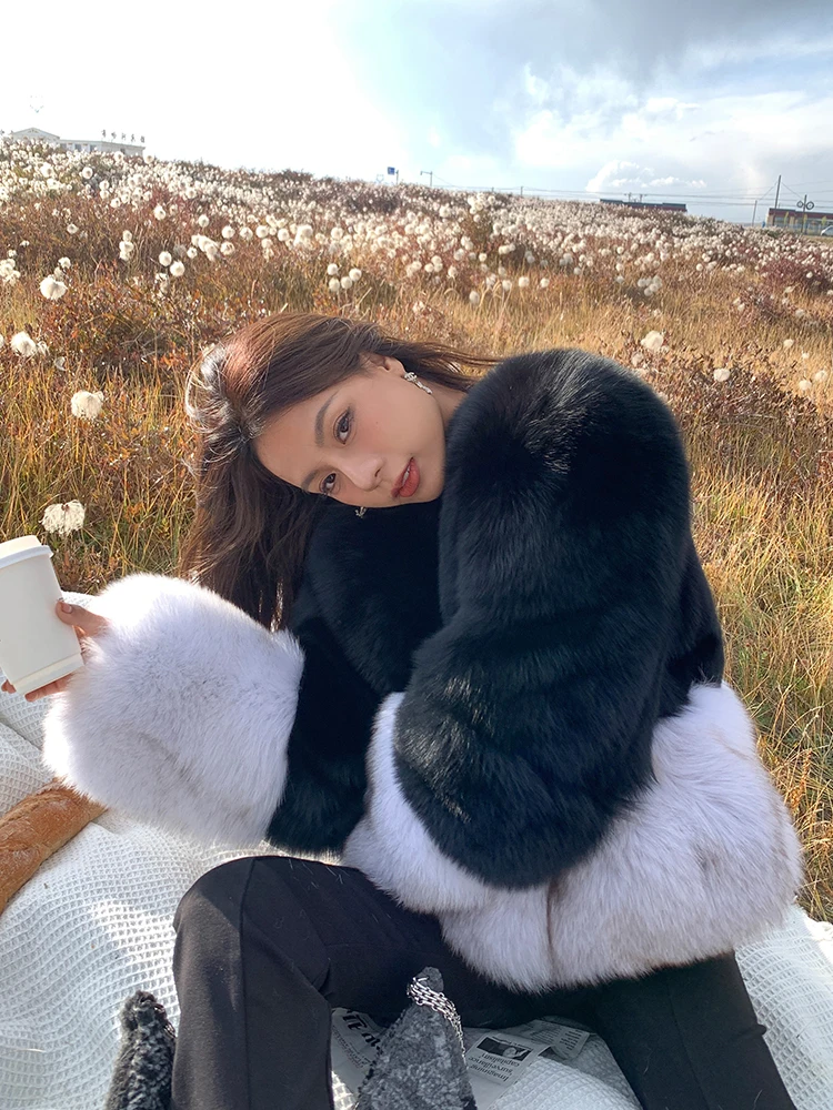 Winter New Real Fox Fur Coat V-neck Trendy Color Patchwork Full Pelt Genuine Fox Fur Jacket Thick Warm Fur Overcoat Luxury Woman