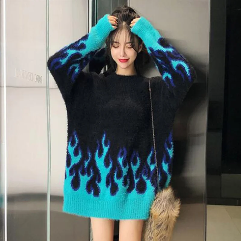 Autumn and winter fashion flame pattern loose long sleeve sweater women 2020 Dropshipping