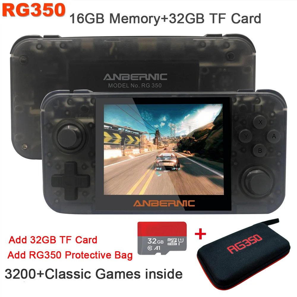 New Retro Game 350 Video Game 16GB Handheld game console MINI 64Bit 3.5 inch HD IPS Screen 32GB Card RG350 Game Player - Цвет: TrBlack add card bag