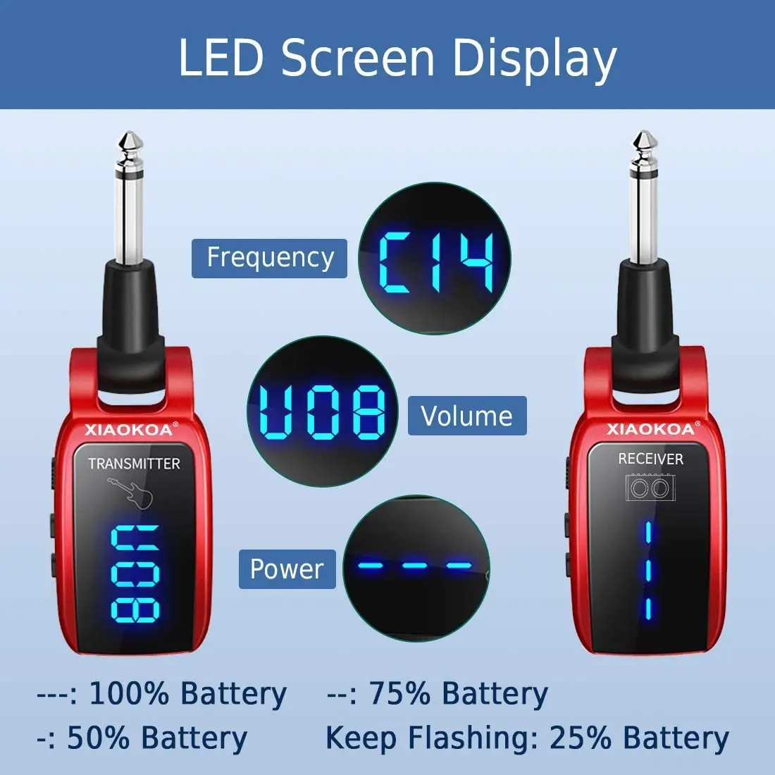 Sistema de Guitarra sem Fio Transmissor para Guitarra Led com Tela Xiaokoa Recarregável Canais Receptor Elétrica 15 Uhf - Image 3