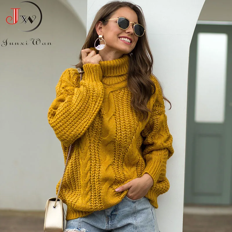Suéter de cuello alto suelto para mujer, jerséis de punto cálidos y elegantes de gran tamaño, Tops sólidos de moda, Jersey de punto 2021