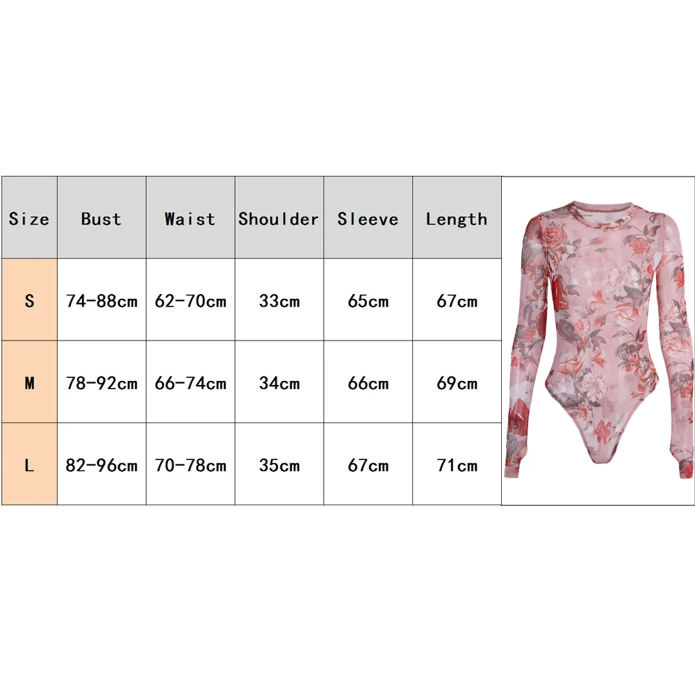 2020 Summer Ladies Slim Fit Leotard Jumpsuit Body T shirts Bodysuit Women Mesh Sheer Long Sleeve Floral Print Romper Skinny Tops