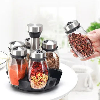 

Rotating Spice Jars Set Glass Pepper Shakers Seasoning Sprays Tanks Condiment Salt Jars Spices Cans Cruet Kitchen Organizer Tool