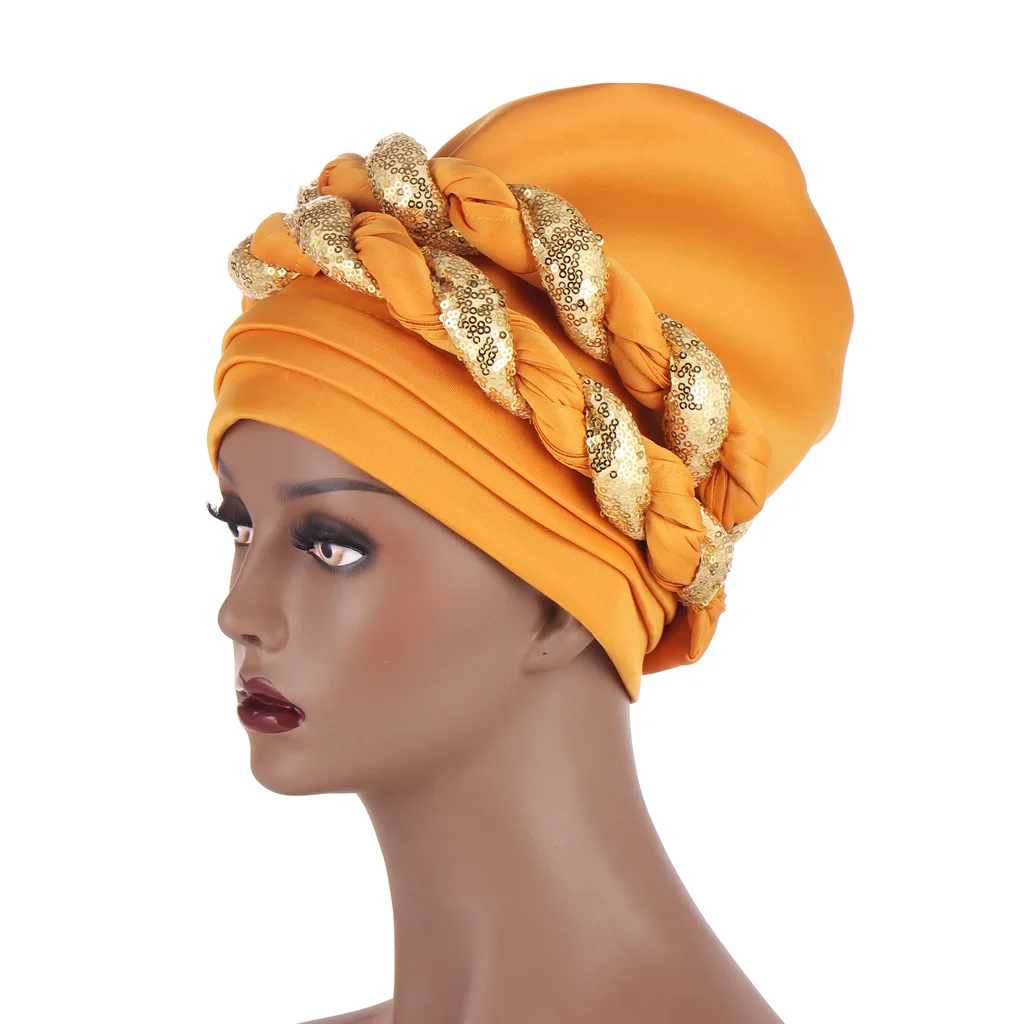 african attire for women 2021 Fashion African Auto Gele Headtie Sequins Braids Women's Turban Cap Muslim Headscarf Bonnet Ready to Wear Hijab Wedding Hat african wear for women Africa Clothing