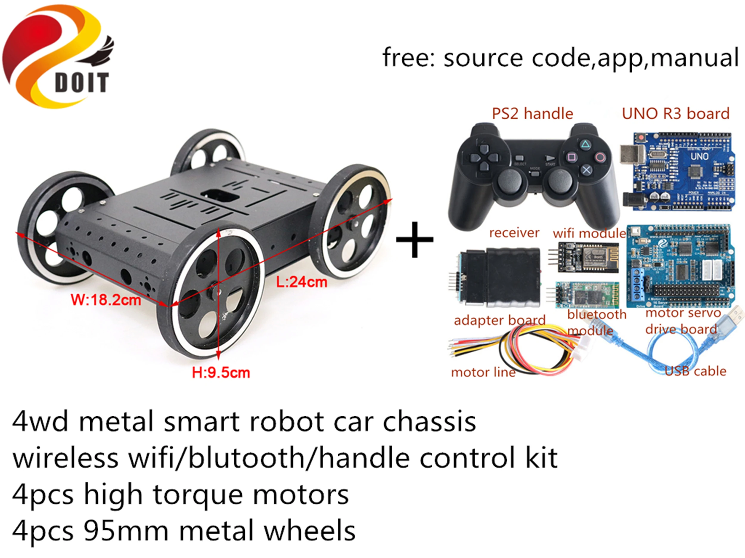 

Wireless Control 4WD Metal Smart Rc Robot Car Chassis Kit + Wifi/ Bluetooth/ Handle Controller High Torque Motor DIY For Arduino