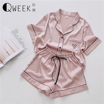 

QWEEK Silk Pajamas for Women Short Sleeve Home Wear Pyjamas Heart Embroidery Pijama Sleepwear Satin Pj Set 2020 Loungewear