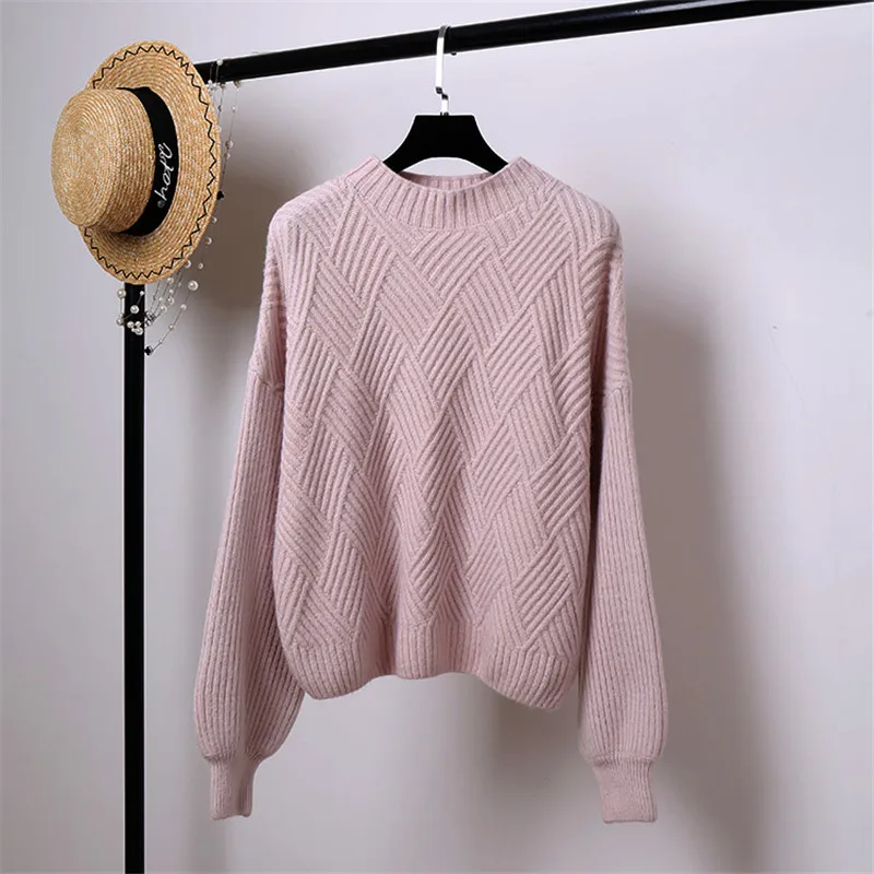 pink Hirsionsan Pull Femme,, зима-осень, вязаный кашемировый свитер большого размера, женский, с рукавом-фонариком, со стразами, базовые, плотные пуловеры - Цвет: pink