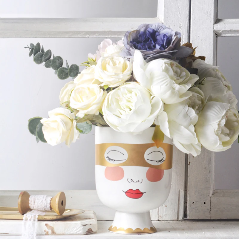 

Little Girl Head Matte Table Flower Vase Woman Face Golden Eye Mask Flower Arrangement Big Mouth Desk Pot Home Decorative Bottle