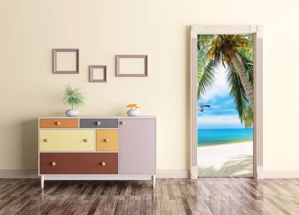 3D Seaside Palm Tree Door Mural Wall Art Wallpaper mural Print Decal Deco Photo self adhesive door wrap | Дом и сад
