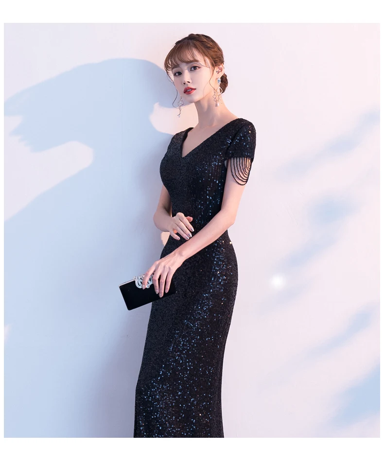 Черный блесток Длинное Элегантное платье без рукавов для девочек; vestidos de fiesta de noche Выпускные вечерние платья robe de soiree с v-образным вырезом