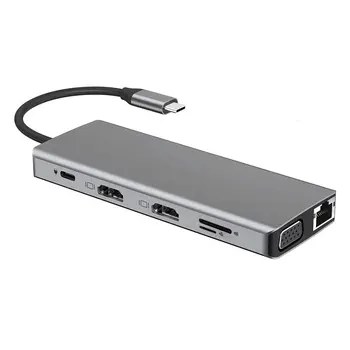 

12 in 1 Type-C Gray USB3.0 USB2.0 2 HDMI Cards Reader Charger Hub for Household Computer Accessories