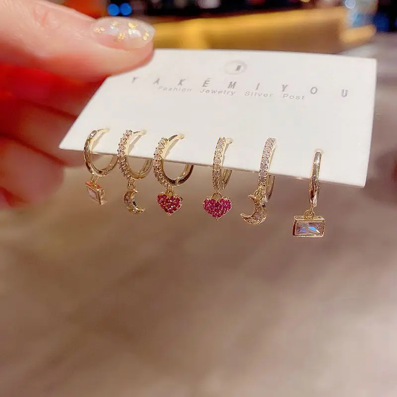 New Korean Style Inlaid With Shining Square Zircon Moon Earrings Heart Drop Earrings Set 6Pcs Romantic Women Exquisite Jewelry