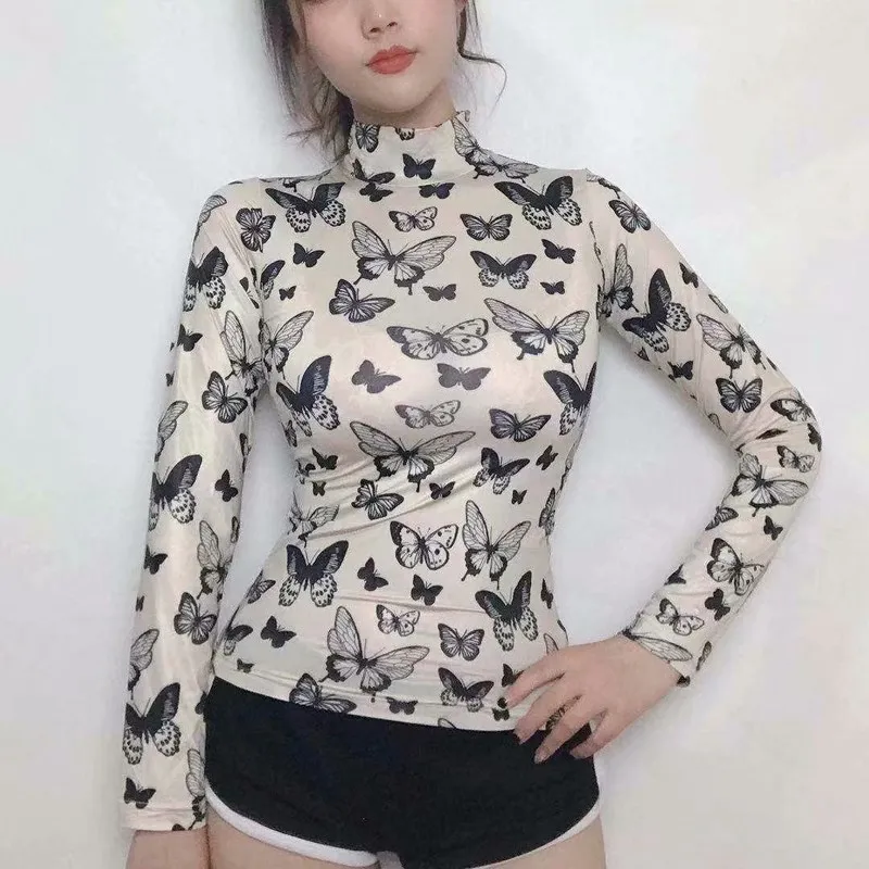 

2019 Spring Women Casual Long Sleeve Turtleneck T-Shirt High Street Slim Butterfly Print Bodycon T Shirt