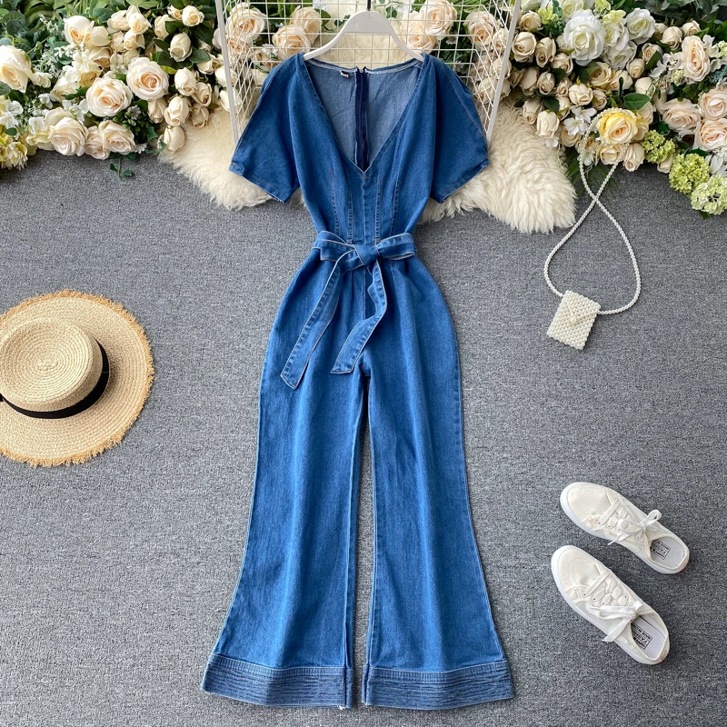 v neck denim jumpsuit