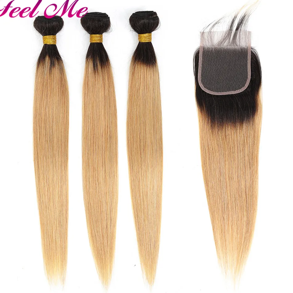 Feel Me Ombre Peruvian Straight Human Hair Bundles With Closure 1b/27 Honey Blonde Bundles With Closure Non Remy Hair Extensions