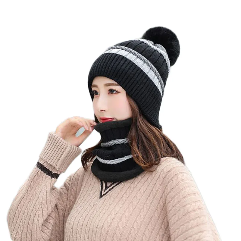 Высококачественная зимняя вязаная шапочка Skullies Beanies шапки женские теплые Толстая шляпа женская вязаная Круглая Шапочка наборы для езды на велосипеде