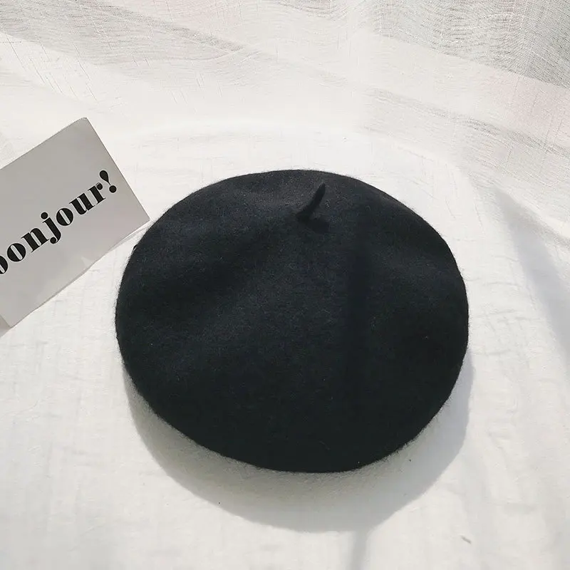 Black Женские береты на весну и зиму, шапка в стиле художника, женские шерстяные винтажные береты, однотонные кепки, женская шапка, теплая прогулочная шапка - Цвет: Black