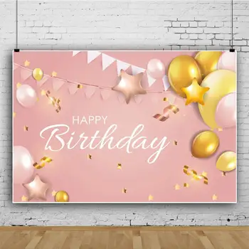 

Laeacco Pink Banner Golden Balloon Star Bunting Birthday Backdrops Child Portrait Customize Photographic Backgrounds Photo Zone