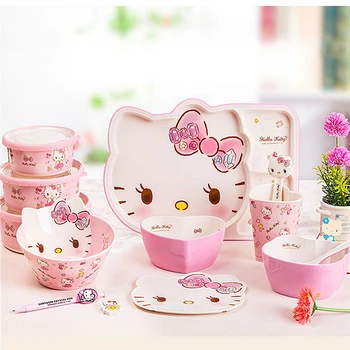 

Hello Kitty Dishes Cute Pink Home Children Tableware Melamine Anti-fall Salad Bowl Mixing Bowl Tray Sealed Fresh Bowl Set
