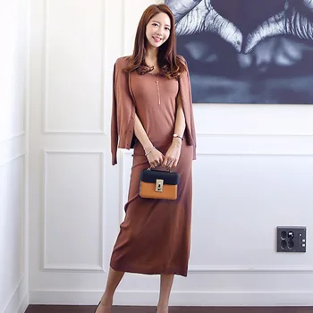 

HAMALIEL Autumn Women 2 Piece Set Knitted Dress Fashion Single Breasted Knitting Cardigan + Sexy Halter Bodycon Long Skirt Suits