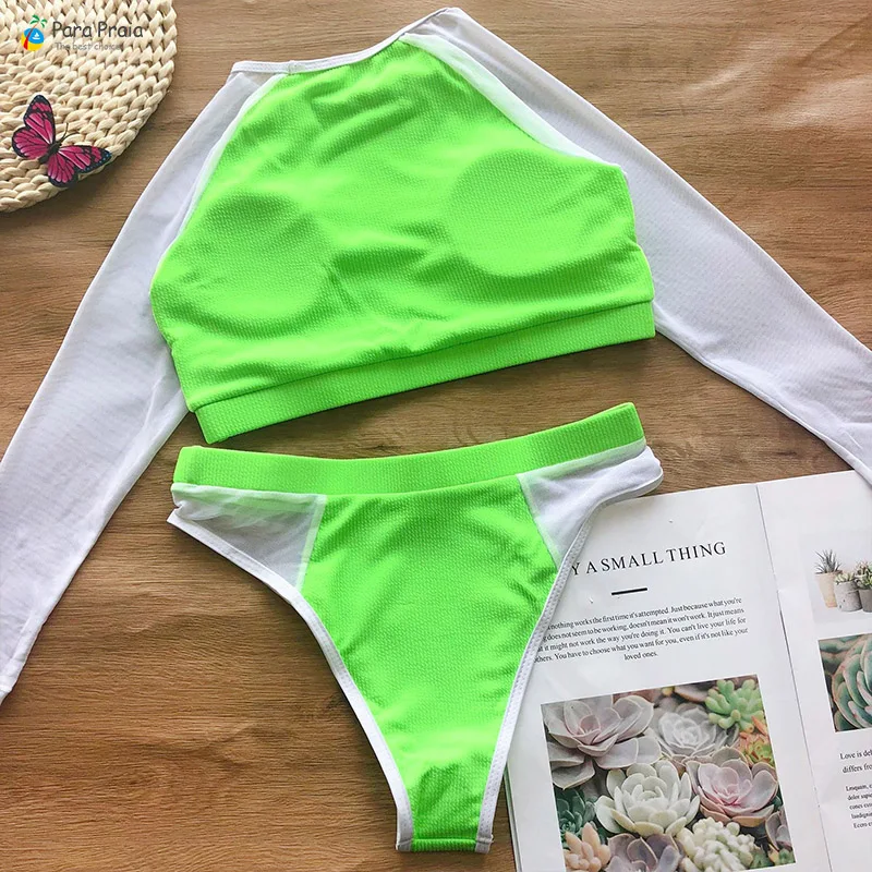 Para Praia, новинка, сексуальное бикини с длинным рукавом, сетка, пуш-ап, бикини, набор, стринги, купальник, высокая талия, сексуальный купальник для женщин, специальная ткань