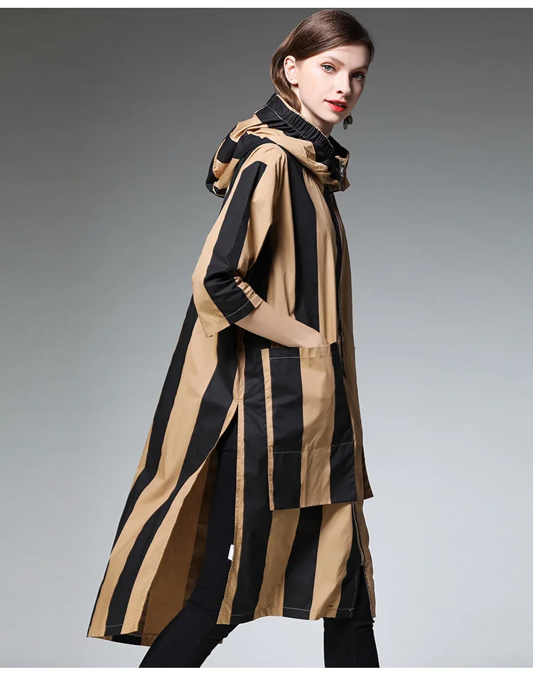 TVVOVVIN Loose Fit Pleated Striped Pockets Jacket New Hooded Collar Long Sleeve Women Coat Fashion Tide Autumn Winter C693
