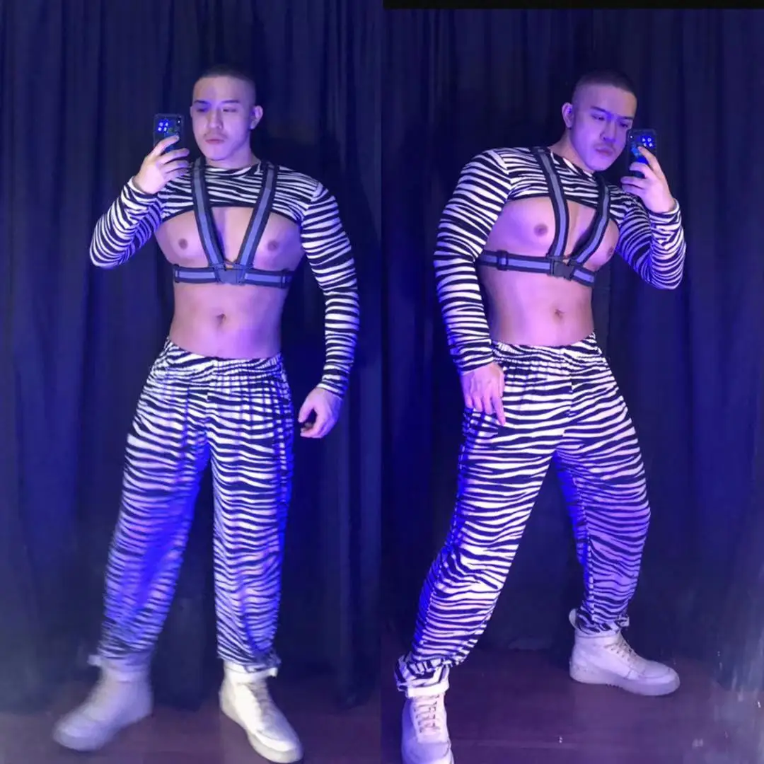Фото Мужской костюм для ночного клуба Gogo танцевальный с принтом зебры шеста мужской