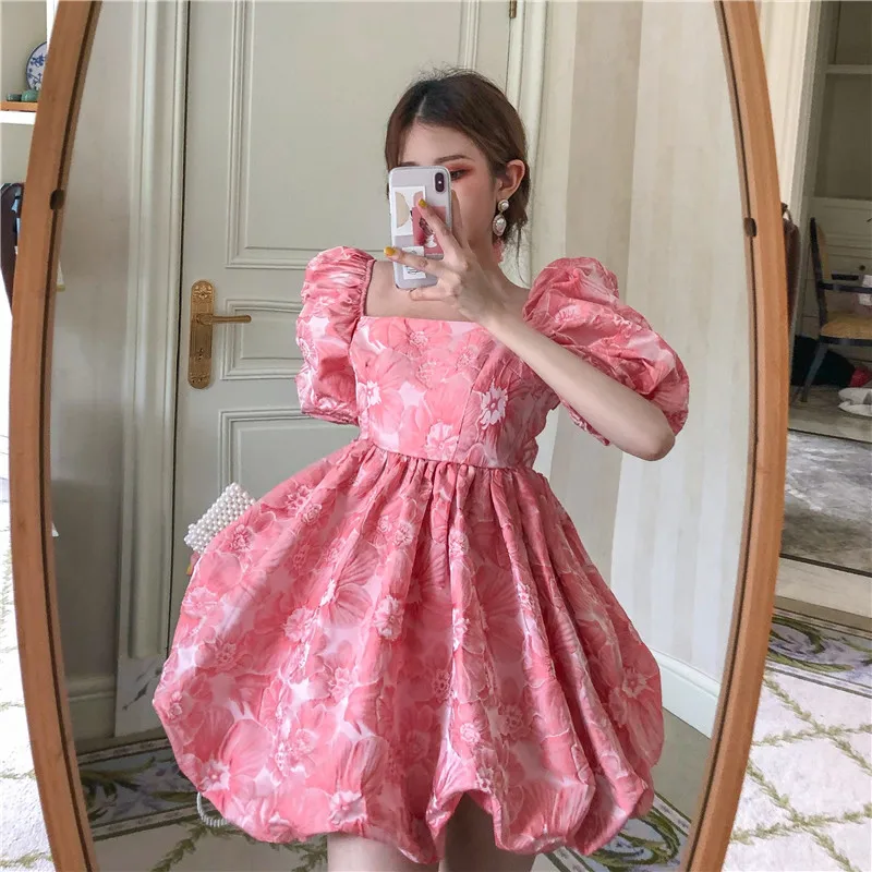 French Summer Temperament Dress Sweet Square Collar Tender Girl Puff Sleeve Dress Backless Bandage Bow Jacquard Party Bud Dresse