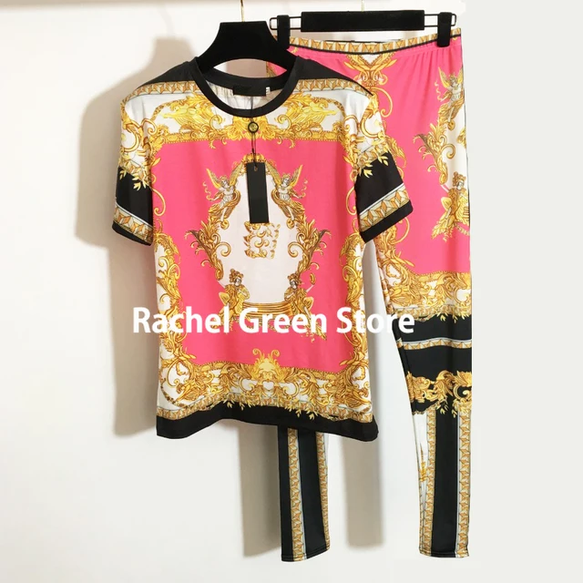 luxury designer two piece outfits for women branded high end vintage classic ethnic print short sleeve tshirt and sexy leggings as pic