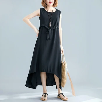 

2019 Dresses Women O Neck Sleeveless Loose Long Dress Solid Summer Cotton Linen Beach Party Vestido Vintage Baggy Sundress S-5XL
