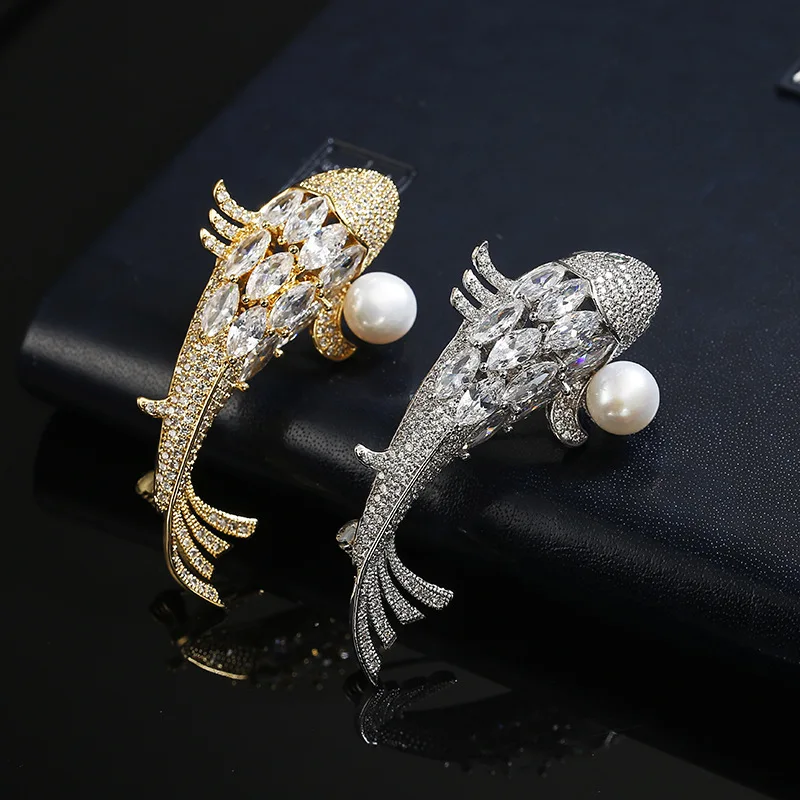 KingDeng Natural Pearl Brooch Korean Personalized Zircon Enamel Pin Women Jewelry Gold Fish Lapel Pin Gifts for Men Cute Copper