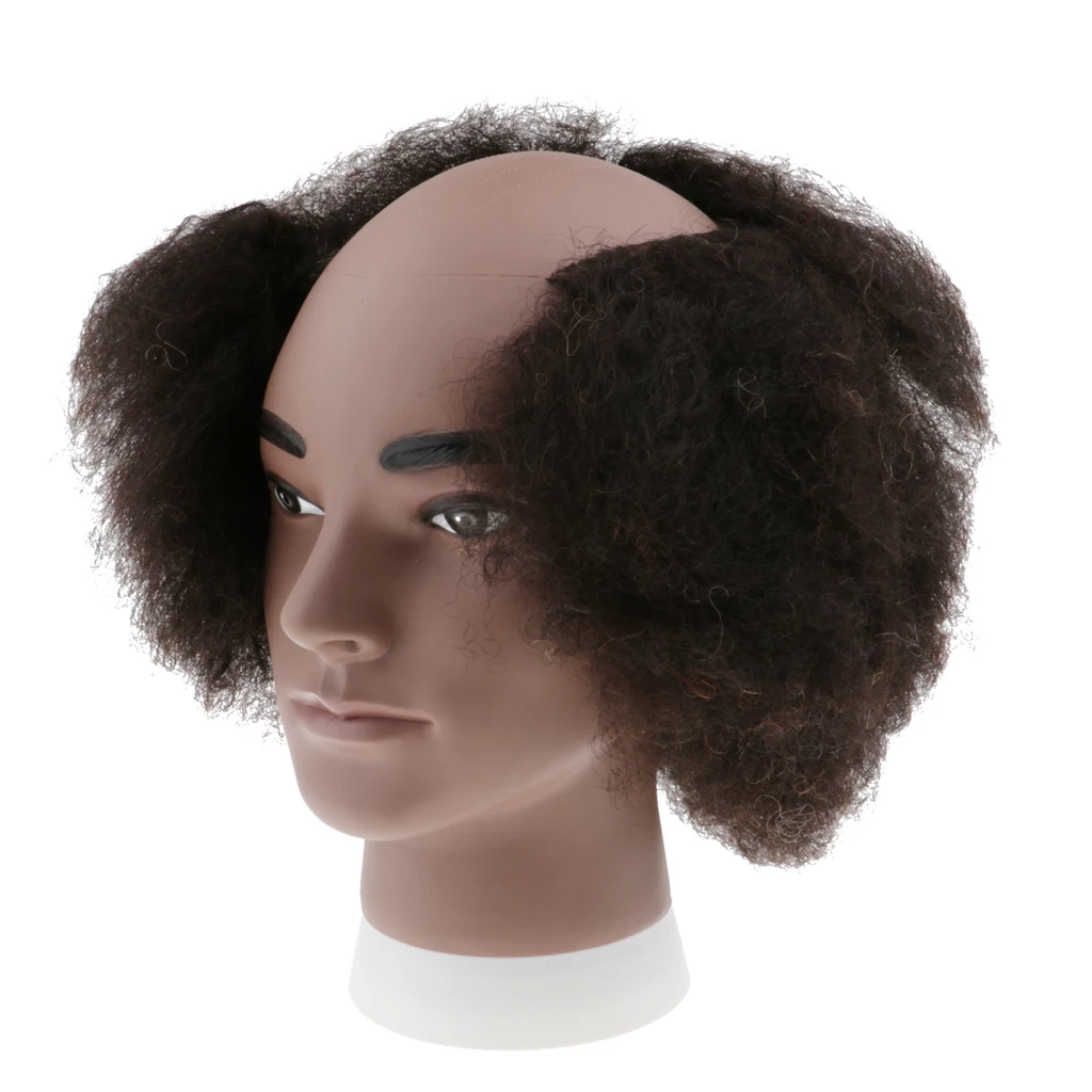 Male Bald Mannequin Head with 100% Human Hair, Cosmetology Afro Hair Manikin Head for Practice Styling Braiding Display