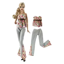 Haut et pantalon en jean pour poupée Barbie, épaules dénudées, motif Floral, ensemble de vêtements, tenues, accessoires de poupées BJD, jouet bricolage pour enfants, cadeaux pour filles, 1/6