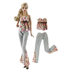 Haut et pantalon en jean pour poupée Barbie, épaules dénudées, motif Floral, ensemble de vêtements, tenues, accessoires de poupées BJD, jouet bricolage pour enfants, cadeaux pour filles, 1/6 