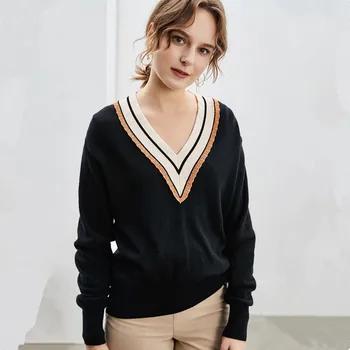 

2020 New Women's Knitted Sweater Preppy Style Long Sleeve Striped Chain Print V Neck Knitwear Pullover Autumn Winter Clothes