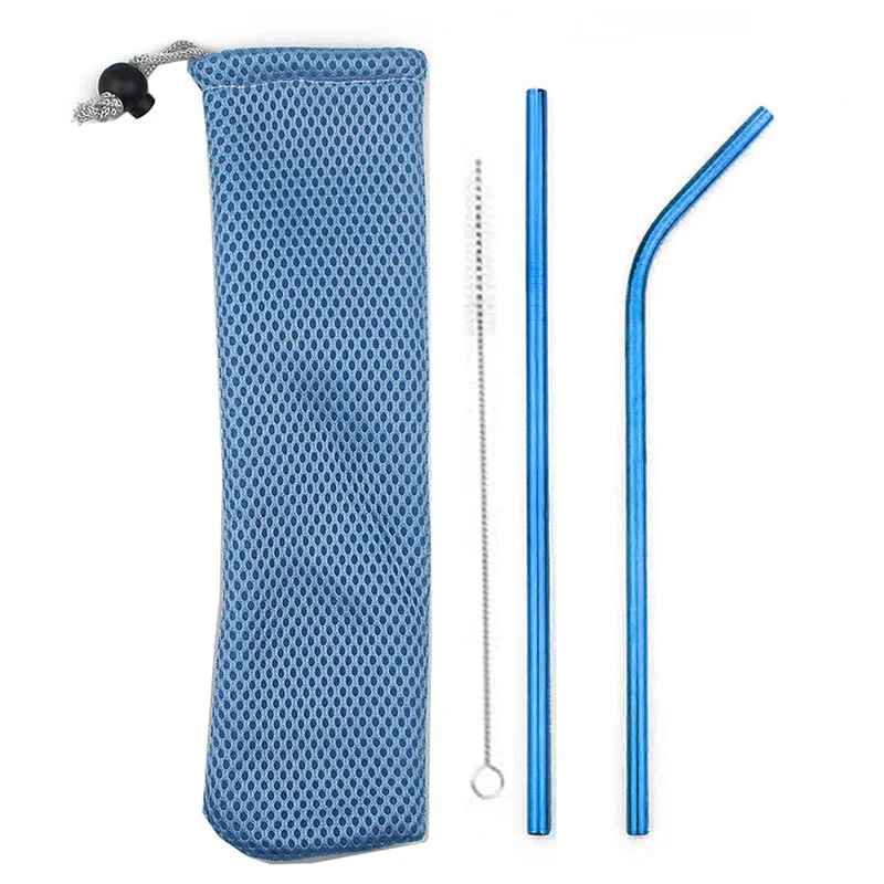 Telescopic Metal Drinking Straw Collapsible Reusable Straw Portable Stainless Steel Straw with Case and Brush for Travel Outdoor - Цвет: Blue